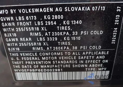2014 Volkswagen Touareg 3.6L Sport z USA, uszkodzony, nr VIN WVGEF9BP6ED002981